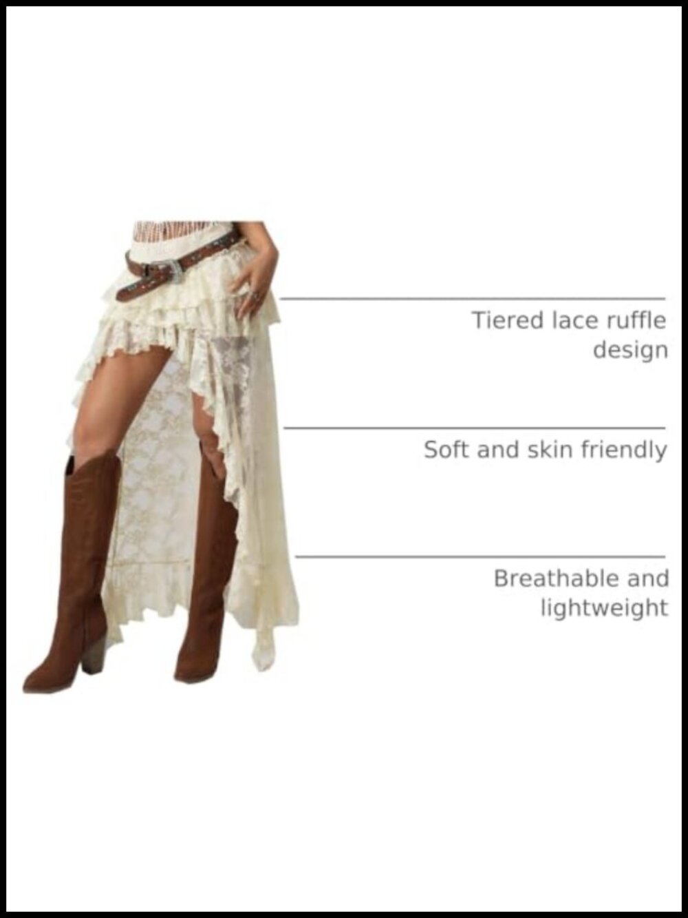 Women's Lace Layered Maxi Skirt High Low Asymmetrical Ruffle Hem Flowy Boho - Picture 3 of 5